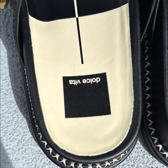 Dolce Vita Black and Cream Slides with Gold Accents - Picture 5 of 7